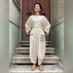 Rosidam Bohemian Front Pocket Yoga Pants Cream Size S T D ( One Size )